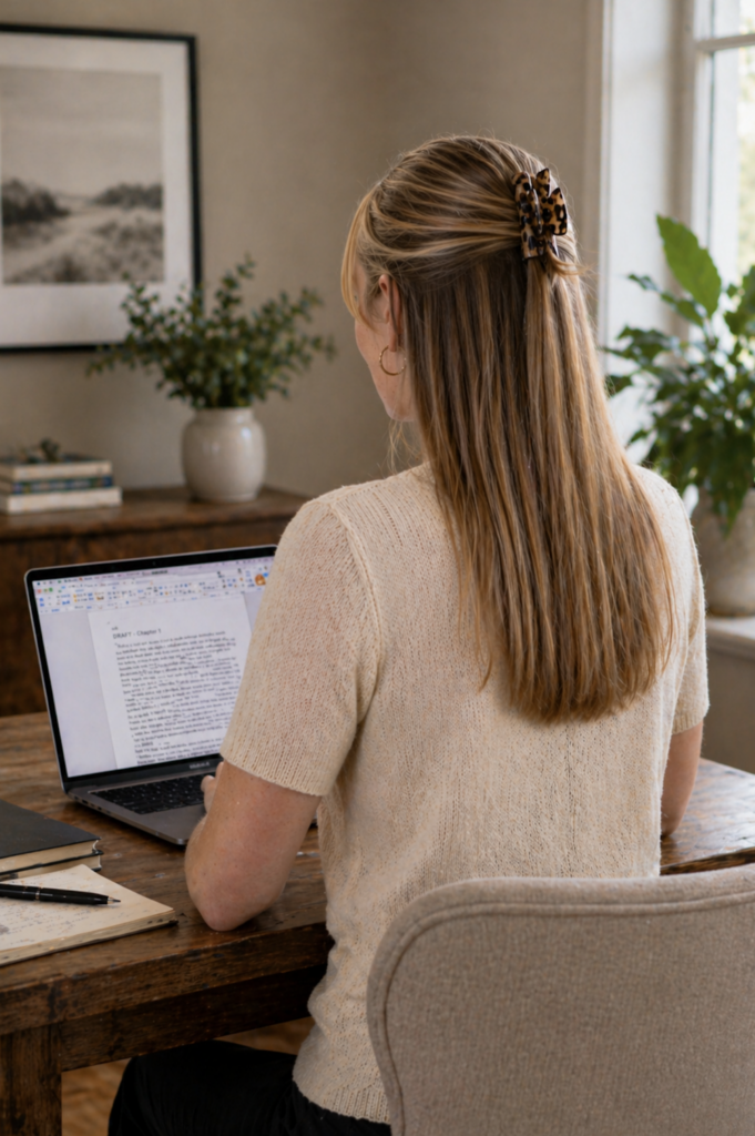 Founder and writing parter or consultant writing content on laptop